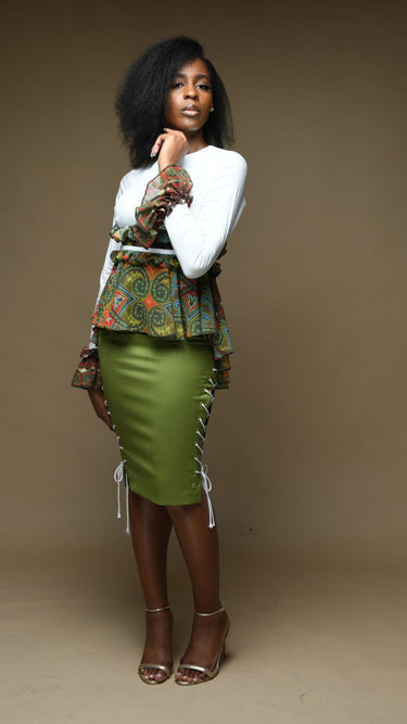 SERENITY Camille White Ruffle & Paisley Chiffon High Low Peplum Top